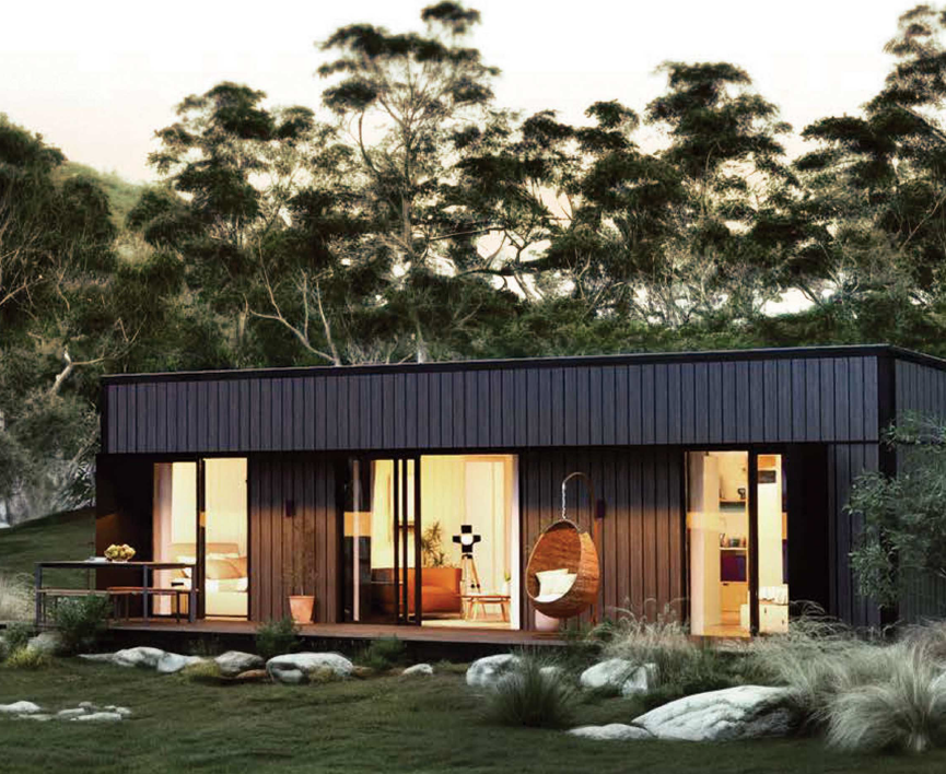 The Lodge - eco kit-home exterior at dusk